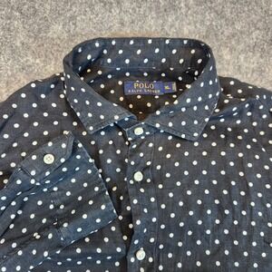 Polo Ralph Lauren Shirt Mens XL Black Linen Polka Dot Design Button Up Preppy